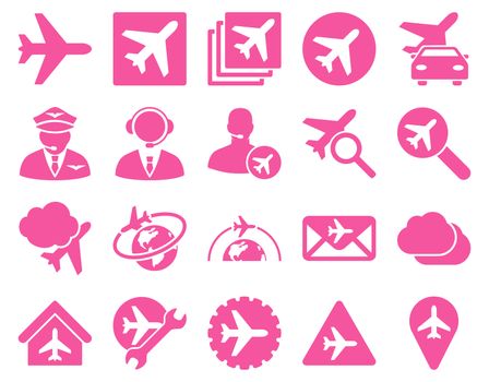 Aviation Icon Set. These flat icons use pink color. Raster images are isolated on a white background.