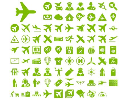 Aviation Icon Set. These flat icons use eco green color. Raster images are isolated on a white background.