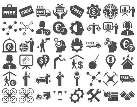 Business Icon Set. These flat icons use gray color. Raster images are isolated on a white background.