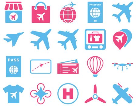 Airport Icon Set. These flat bicolor icons use pink and blue colors. Raster images are isolated on a white background.