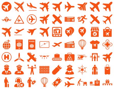 Aviation Icon Set. These flat icons use orange color. Raster images are isolated on a white background.