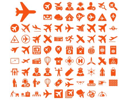 Aviation Icon Set. These flat icons use orange color. Raster images are isolated on a white background.