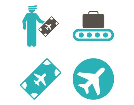 Aviation Icon Set. These flat bicolor icons use grey and cyan colors. Raster images are isolated on a white background.