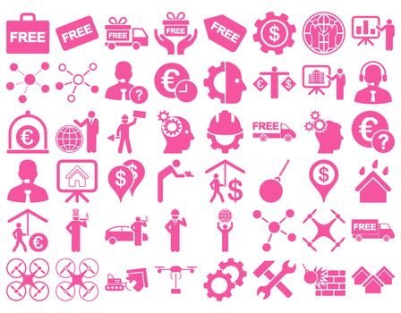 Business Icon Set. These flat icons use pink color. Raster images are isolated on a white background.