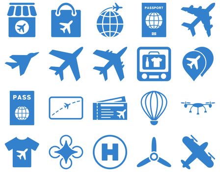 Airport Icon Set. These flat icons use cobalt color. Raster images are isolated on a white background.