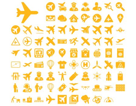 Aviation Icon Set. These flat icons use yellow color. Raster images are isolated on a white background.