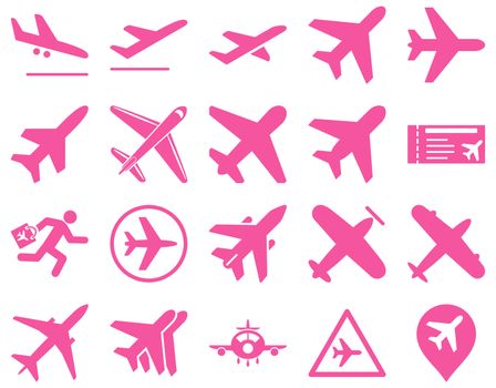 Aviation Icon Set. These flat icons use pink color. Raster images are isolated on a white background.