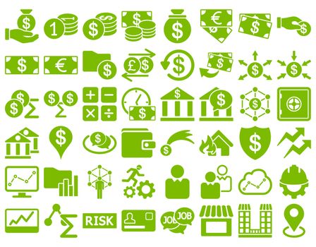 Business Icon Set. These flat icons use eco green color. Raster images are isolated on a white background.