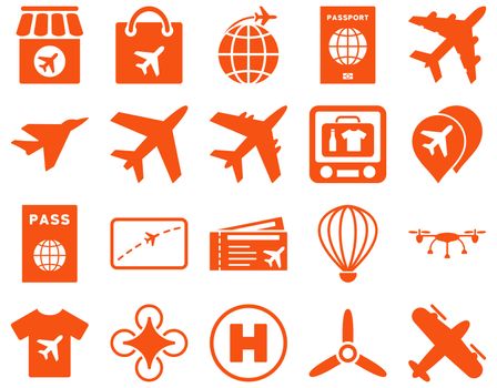 Airport Icon Set. These flat icons use orange color. Raster images are isolated on a white background.