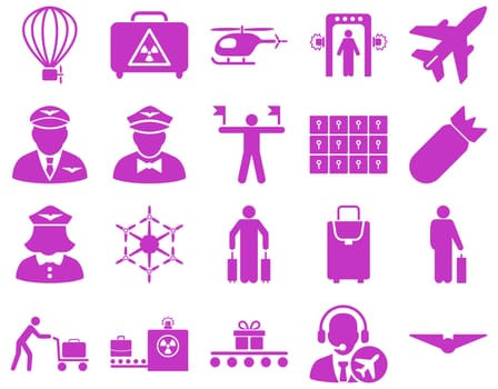 Airport Icon Set. These flat icons use violet color. Raster images are isolated on a white background.