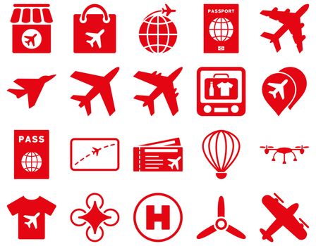 Airport Icon Set. These flat icons use red color. Raster images are isolated on a white background.