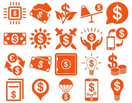 Dollar Icon Set. These flat icons use orange color. Raster images are isolated on a white background.