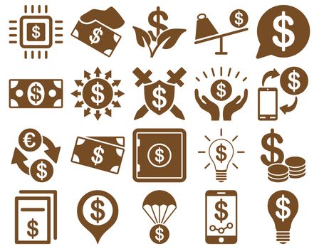 Dollar Icon Set. These flat icons use brown color. Raster images are isolated on a white background.