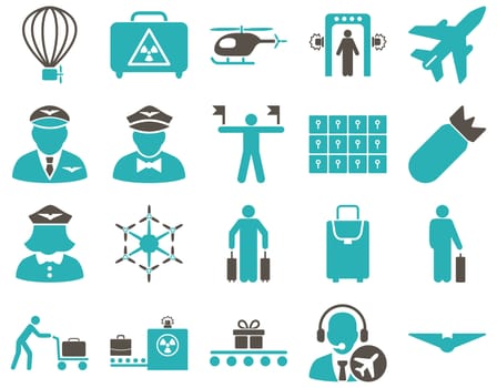 Airport Icon Set. These flat bicolor icons use grey and cyan colors. Raster images are isolated on a white background.