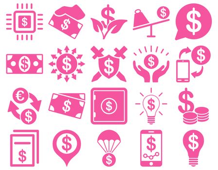 Dollar Icon Set. These flat icons use pink color. Raster images are isolated on a white background.