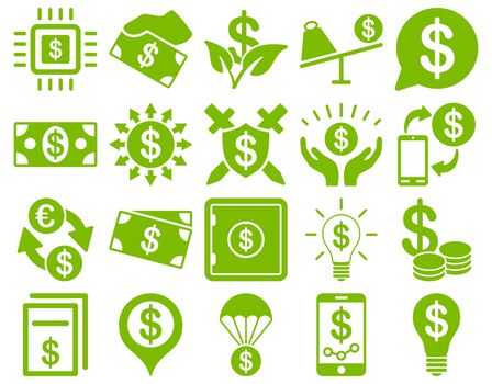 Dollar Icon Set. These flat icons use eco green color. Raster images are isolated on a white background.