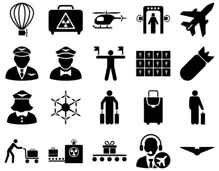 Airport Icon Set. These flat icons use black color. Raster images are isolated on a white background.