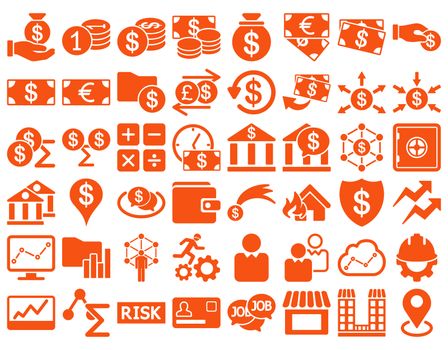 Business Icon Set. These flat icons use orange color. Raster images are isolated on a white background.