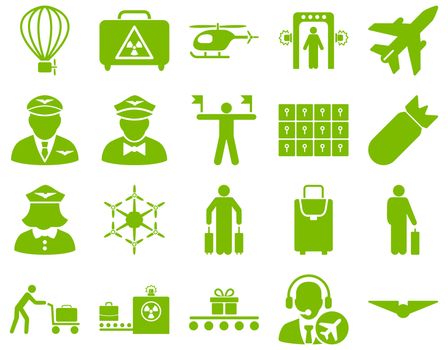 Airport Icon Set. These flat icons use eco green color. Raster images are isolated on a white background.