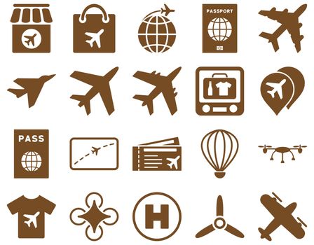 Airport Icon Set. These flat icons use brown color. Raster images are isolated on a white background.
