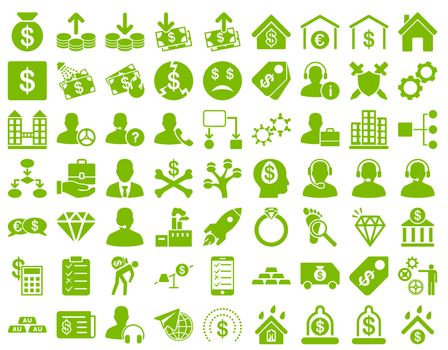 Commerce Icons. These flat icons use eco green color. Raster images are isolated on a white background.