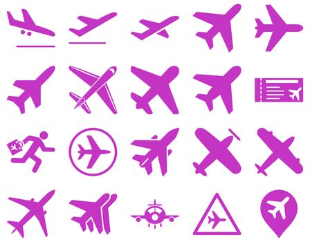 Aviation Icon Set. These flat icons use violet color. Raster images are isolated on a white background.