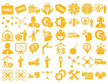 Business Icon Set. These flat icons use yellow color. Raster images are isolated on a white background.