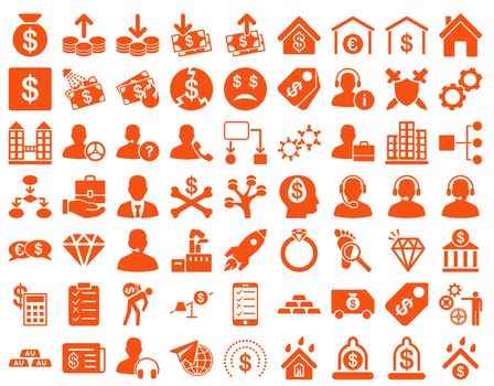 Commerce Icons. These flat icons use orange color. Raster images are isolated on a white background.