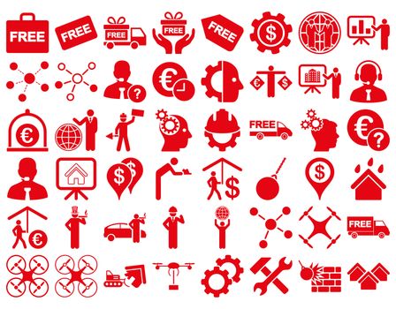 Business Icon Set. These flat icons use red color. Raster images are isolated on a white background.