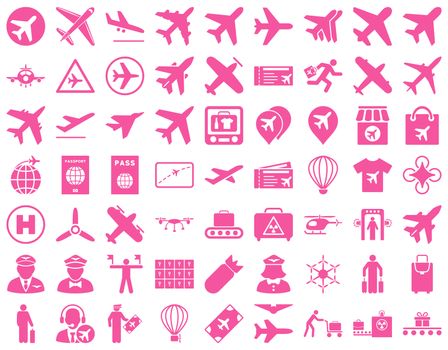 Aviation Icon Set. These flat icons use pink color. Raster images are isolated on a white background.