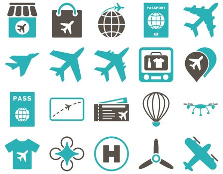 Airport Icon Set. These flat bicolor icons use grey and cyan colors. Raster images are isolated on a white background.