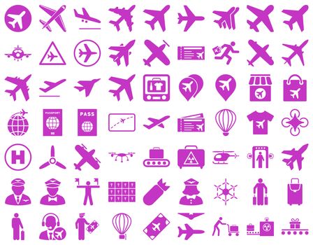 Aviation Icon Set. These flat icons use violet color. Raster images are isolated on a white background.