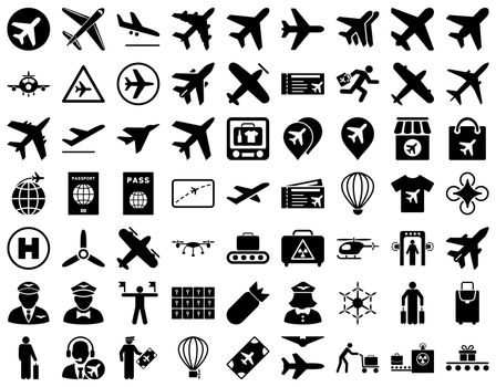 Aviation Icon Set. These flat icons use black color. Raster images are isolated on a white background.