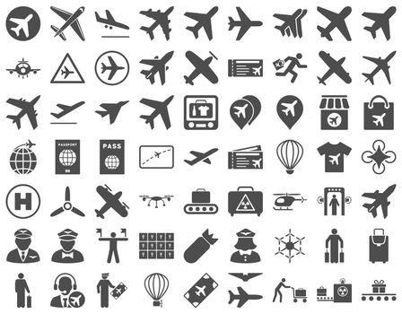 Aviation Icon Set. These flat icons use gray color. Raster images are isolated on a white background.