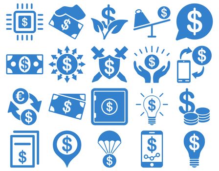 Dollar Icon Set. These flat icons use cobalt color. Raster images are isolated on a white background.