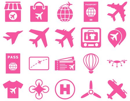 Airport Icon Set. These flat icons use pink color. Raster images are isolated on a white background.