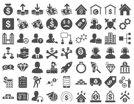Commerce Icons. These flat icons use gray color. Raster images are isolated on a white background.