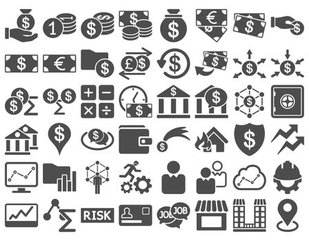 Business Icon Set. These flat icons use gray color. Raster images are isolated on a white background.