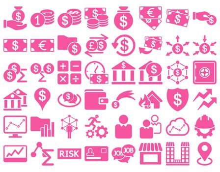 Business Icon Set. These flat icons use pink color. Raster images are isolated on a white background.