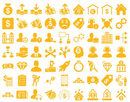 Commerce Icons. These flat icons use yellow color. Raster images are isolated on a white background.