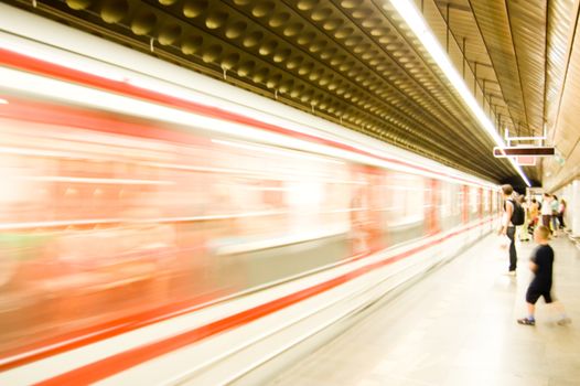 Subway train pulling into the station. Motion blur picture. color version.