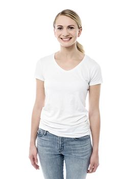Image of a young happy woman posing over white