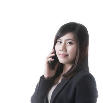 Asian woman with telephone mobile in business office concept on white background