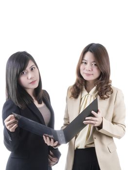 Two asian business in office with document file on white background