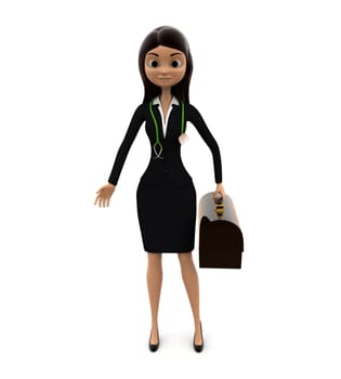 3d woman stanidng with brown bag and strethoscope on neck concept on white background, front angle view