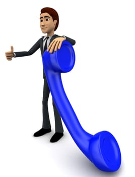 3d man with blue telephone receiver concept on white background, side angle view