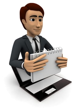 3d man popping out of laptop with calender concept on white background, side angle view