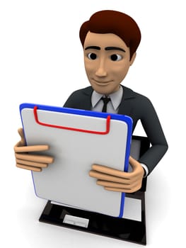 3d man popping out of laptop with clipboard concept on white background, side angle view