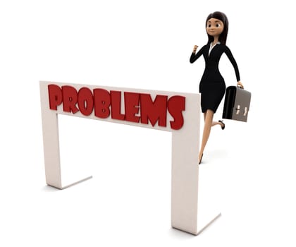 3d woman running towards hurdle with problem text concept on white background, side angle view