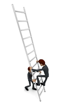 3d man climbing ladder supported by another man concept on white background, top angle view